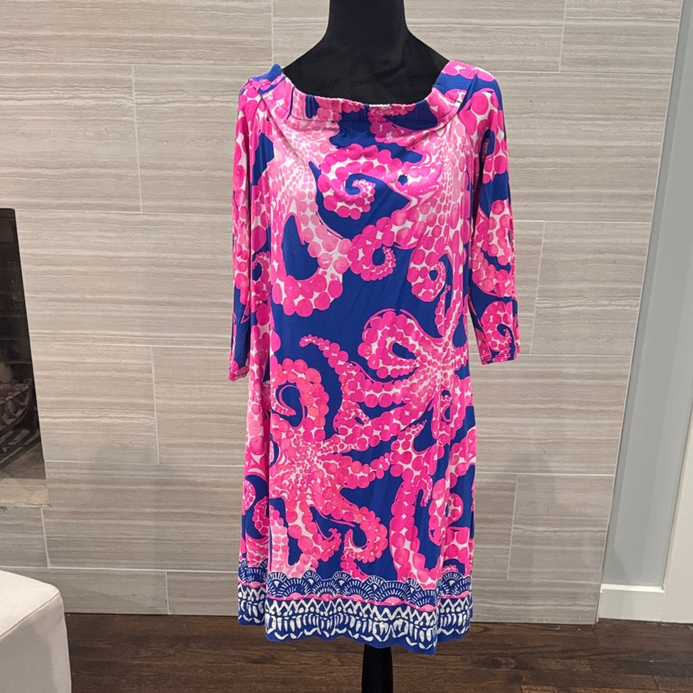 Lilly Pulitzer Off the Shoulder Vibrant Pink and Blue Women's Octopus Dress